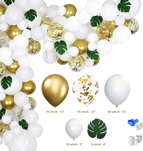 Balloon garland with 90 pieces in gold and white with leaves