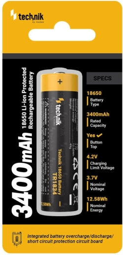 Įkraunamas Li‑Ion akumuliatorius 18650 3400 mAh 3,7 V su apsauga Technik