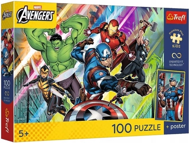 Trefl Marvel Avengers vaikiška dėlionė 100 detalių „Jėga ir galia“ su plakatu