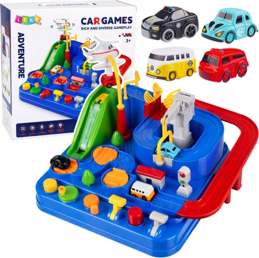 Interactive racetrack with obstacles and parking, 4 cars and a helicopter – blue