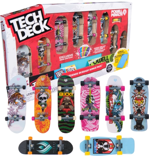 Tech Deck Legends Sk8shop Bonus Pack – 8 fingerboardų rinkinys su neonine rampa