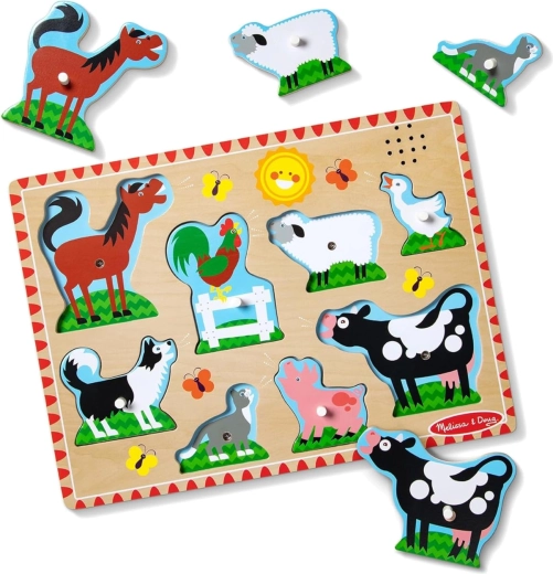 Medinės garsinės įstatomosios dėlionės „Ūkio gyvūnėliai“ Melissa & Doug
