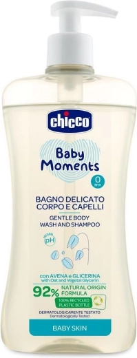 Chicco švelnus plaukų ir kūno šampūnas Baby Moments 92 % natūralios kilmės sudedamųjų dalių 500 ml