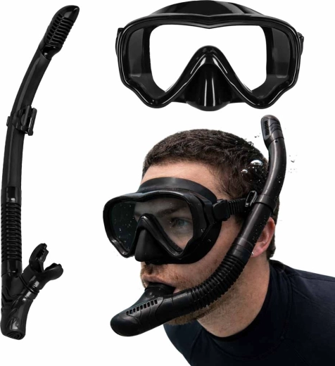 Snorkeling Set – Black Mask with Panoramic Tempered Glass and Dry Snorkel