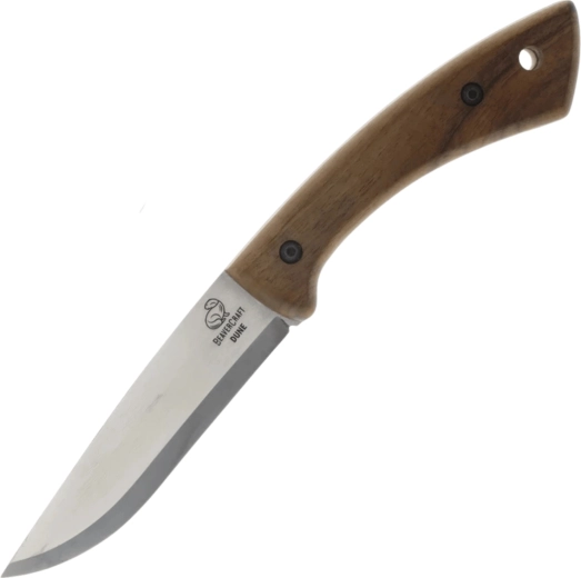 Bushcraft carbon steel knife with impregnated walnut handle and leather sheath