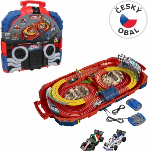 Portable slot car racing track in a briefcase with USB power