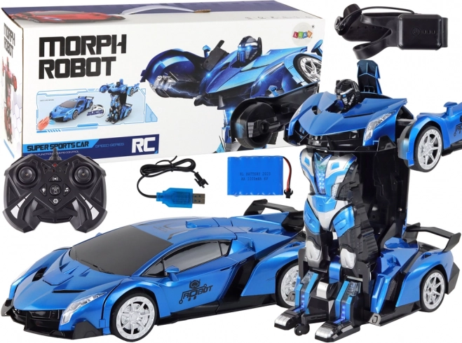 RC transformuojamas automobilis–robotas 1:10, mėlynas, valdomas gestais