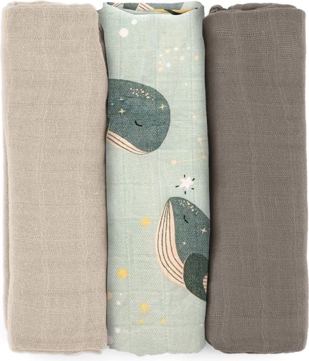Petite&Mars bambukinės muslino sauskelnės Moussy Whale Song 68 × 68 cm, 3 vnt.