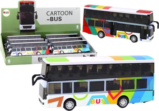 Spalvotas metalinis dviaukštis autobusas su inercine (frikcine) pavara, šviesomis ir garsais