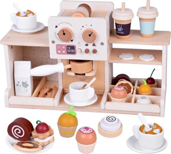 Wooden children's café with coffee maker and desserts