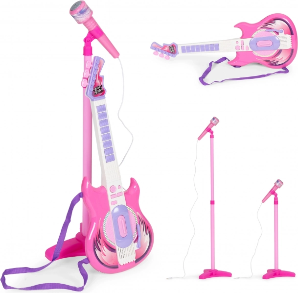 Vaikiškas elektrinės gitaros ir mikrofono komplektas su reguliuojamu stovu