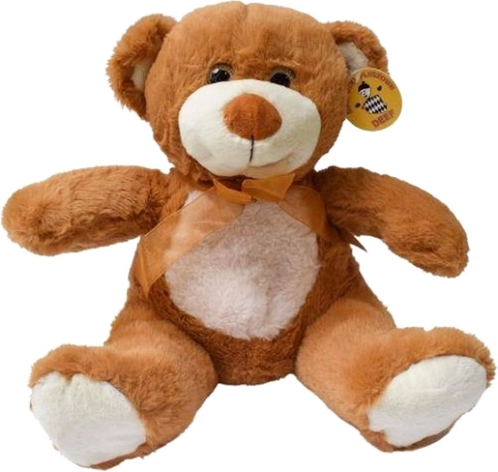Plush teddy bear with a light belly and brown tulle bow