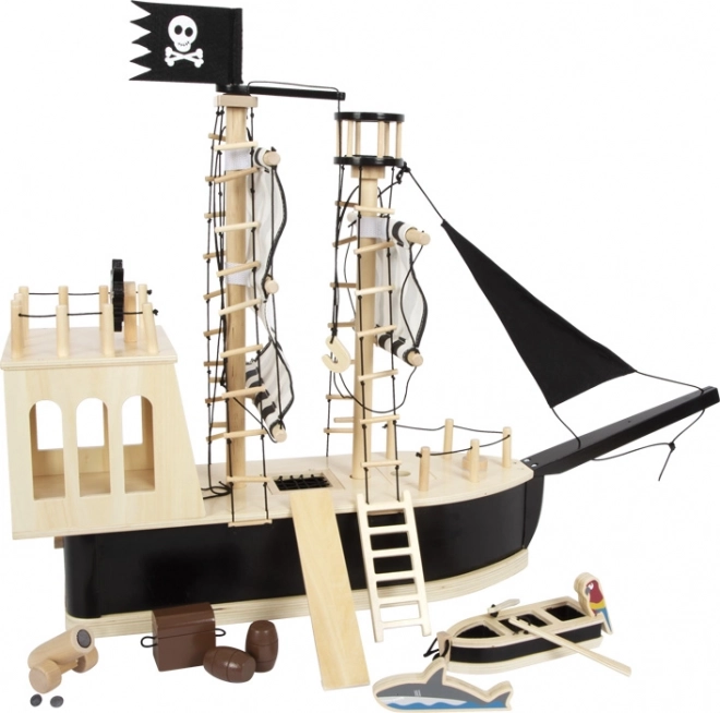 Medinis piratų laivas SMALL FOOT su priedais ir veikiančia patranka