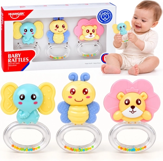 2-in-1 Rattle and Teether with Animals – Set of 3 Pieces