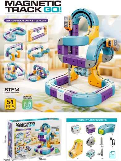 Magnetinis konstruktorius – lenktynių trasa su automobiliuku, 54 dalys
