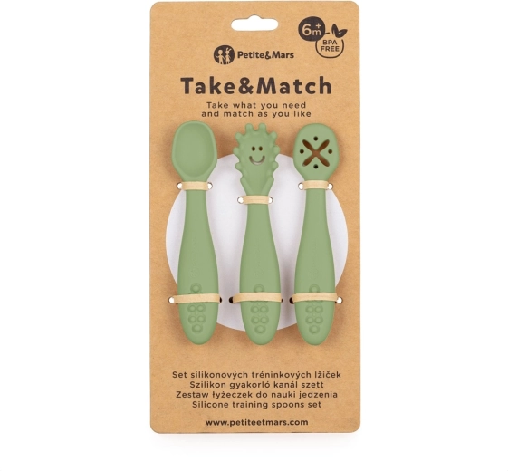 Petite&Mars silikoniniai mokomieji šaukšteliai Take&Match Sweet Pea, 3 vnt., 6 mėn.+