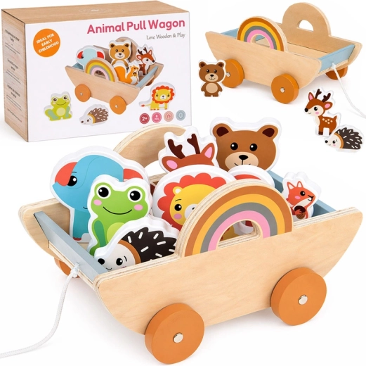 Wooden Pull-Along Cart with 7 Animals
