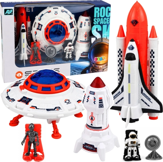 Kosminis žaislų rinkinys: NSO, raketa, erdvėlaivis, astronautas, ateivis ir antena