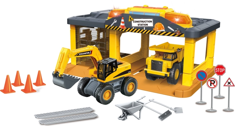 Construction Garage with Excavator, Dump Truck and Accessories with Lights and Sounds