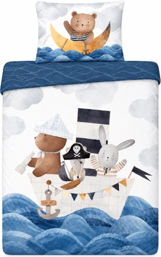 Glow-in-the-dark cotton crib bedding set, Animals in a Boat, blue and white