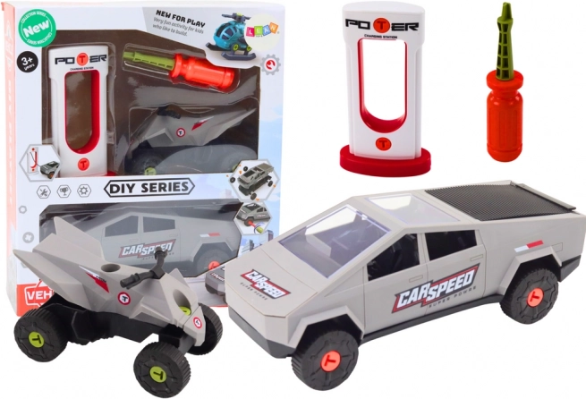 Modernaus automobilio ir keturračio surinkimo (DIY) rinkinys – pilkas