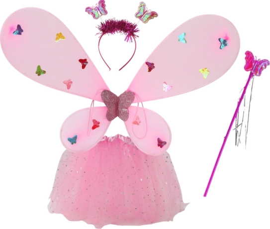 Vaikiškas rožinis fėjos–drugelio kostiumas su šviečiančiais sparnais ir tutu