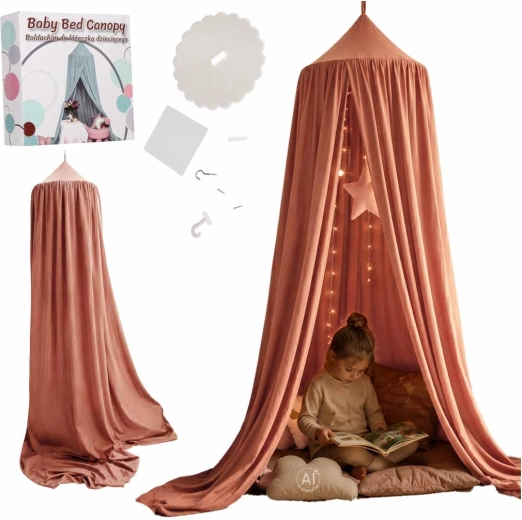 Children's hanging canopy over bed, dark pink