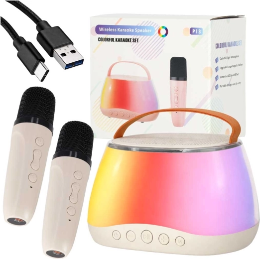 Karaokės rinkinys su „Bluetooth“ garsiakalbiu, RGB LED ir dviem belaidžiais mikrofonais