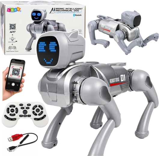 Interaktyvus AI robotas šuo su nuotolinio valdymo pulteliu ir sidabriniu LED ekranu