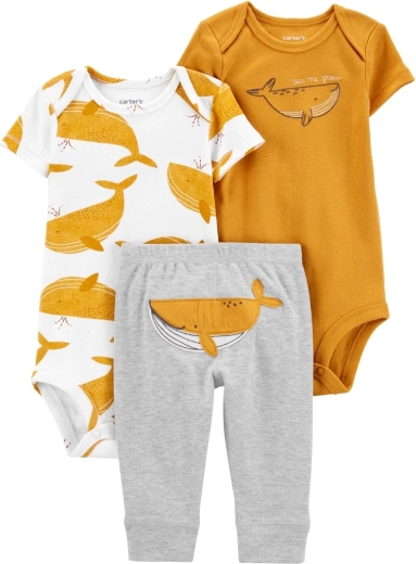 Carter’s 3-piece set for baby boy – 2× short-sleeve bodysuits and sweatpants Mustard Whale, size 56 (NB)