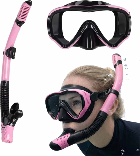 Rožinė–juoda nardymo su vamzdeliu (snorkelingo) rinkinys su panoramine kauke ir sausu vamzdeliu