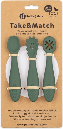 Petite&Mars silikoniniai mokomieji šaukšteliai Take&Match Misty Green – 3 vnt.