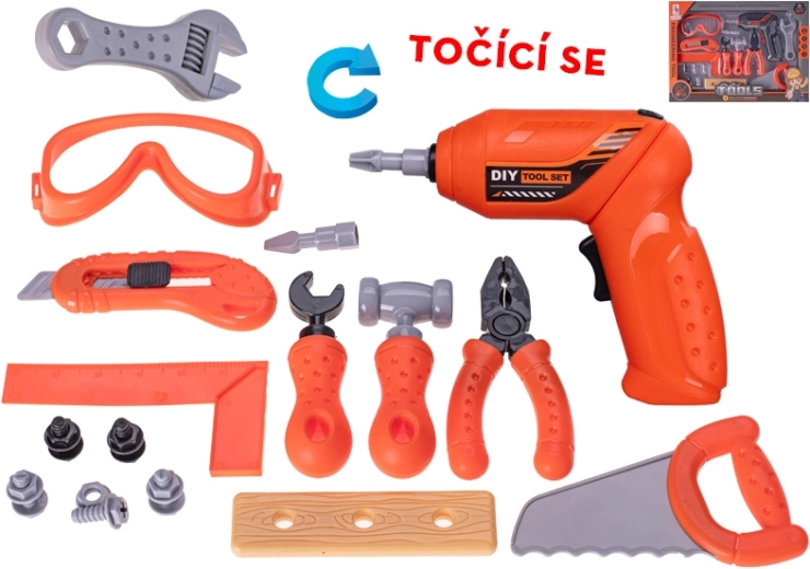 Vaikiškas įrankių rinkinys su bateriniu grąžtu 17 cm, 16 dalių