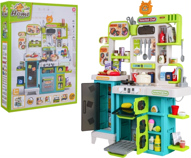 Children's play kitchen with lights, sounds, water and steam, including accessories