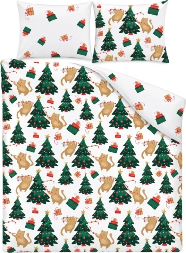 Christmas Holly Jolly Cat and Christmas Tree Bedding, White, 140 × 200 cm