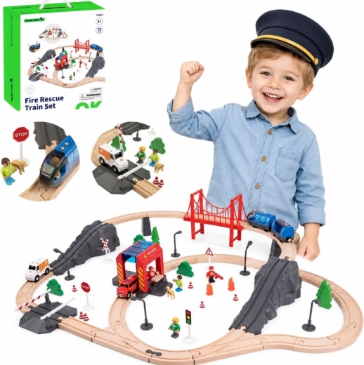 Wooden Train Set Firefighters and Ambulance 70 Pieces – TOOKY TOY