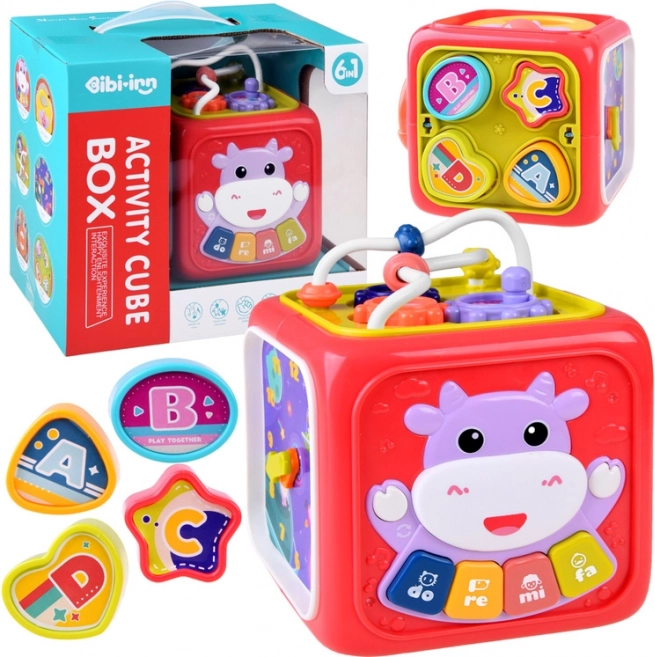 Interaktyvus edukacinis kubas su pianinu, labirintu ir rūšiavimo dėžute