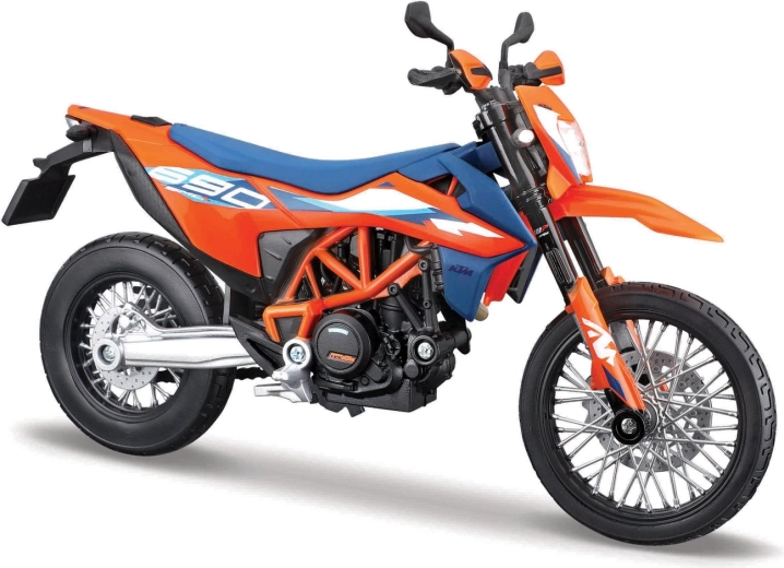 Maisto motociklo modelis 1:12 KTM 690 SMC R (2023) su stovu – oranžinė–mėlyna