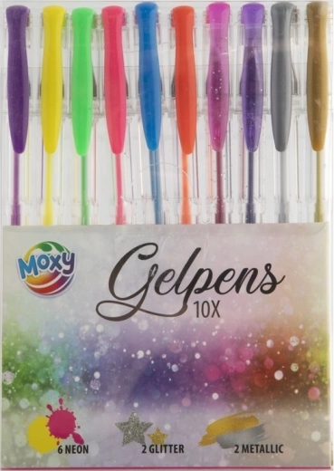 MOXY gelinių rašiklių rinkinys 10 vnt. – metaliniai, pastelinių ir neoninių spalvų