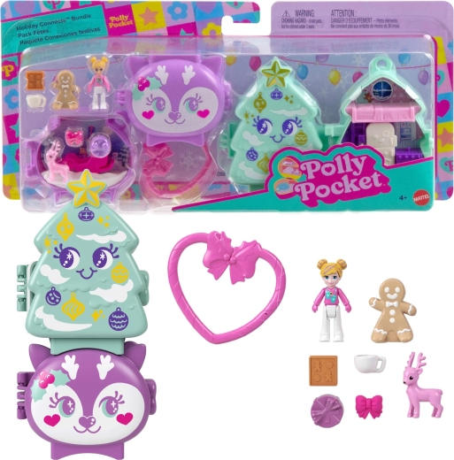 Mattel Polly Pocket Christmas Connectable Compact Playset Holiday Connects Tree and Reindeer - 2 pcs