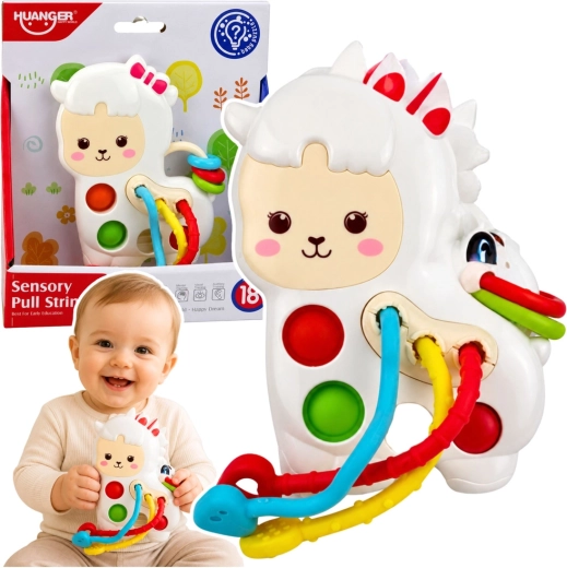Sensory toy for babies – llama with pull-through cords and pop-it buttons
