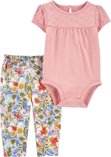 Carter's 2 dalių kūdikių rinkinys: smėlinukas trumpomis rankovėmis ir leginsai Pink Embroidery – NB