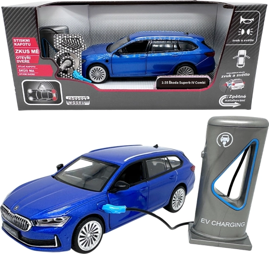 Metalinis „Škoda Superb IV Combi“ modelis su įkrovimo stotele, mėlynas 1:35