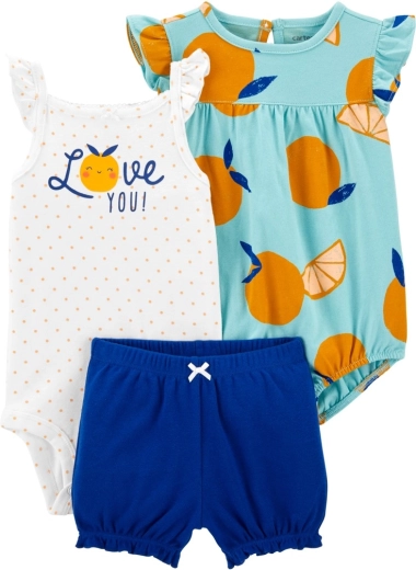 Carter’s 3 dalių rinkinys mergaitei: berankovis smėlinukas, smėlinukas trumpomis rankovėmis ir šortai Blue Orange, 6 mėn. – 6m