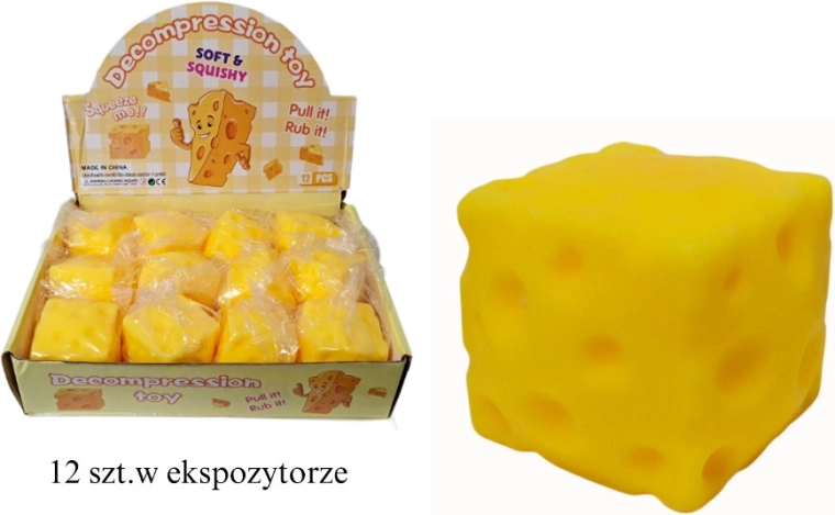 Anti-stress squishy ball in the shape of a cheese cube