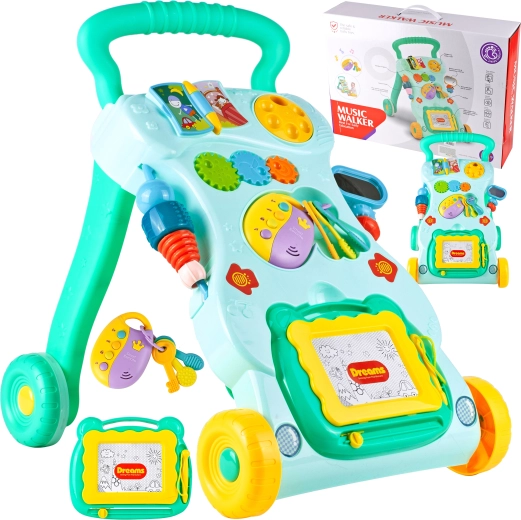 Vaikštynė su staliuku ir rakteliais – žalia