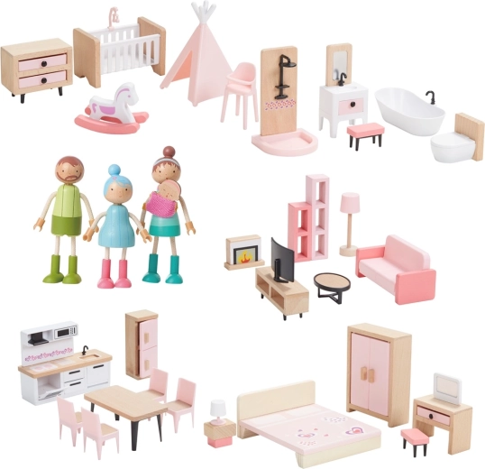 Wooden 5‑in‑1 dollhouse furniture set with family