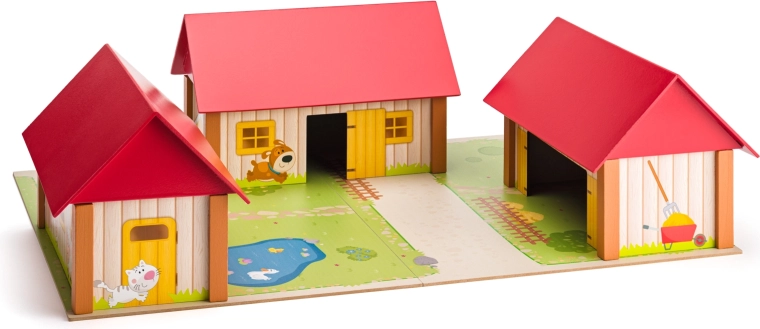 Wooden farm with three buildings and a play mat