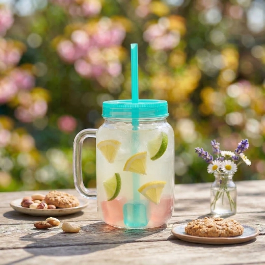 Žalias puodelis su šiaudeliu ir aušinimo kubeliais, 550 ml