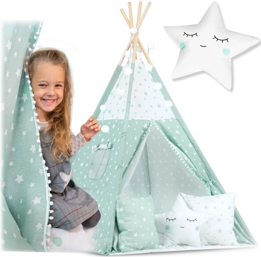 Vaikiška palapinė teepee su lemputėmis – mėtų spalvos su žvaigždutėmis